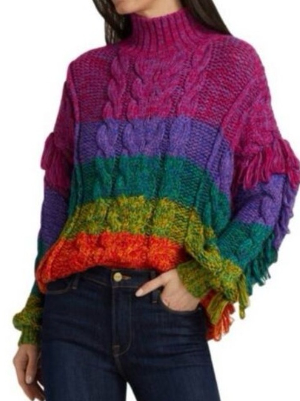 FARM Rio Multicolor Cable-Knit Fringe Turtleneck Sweater XS
